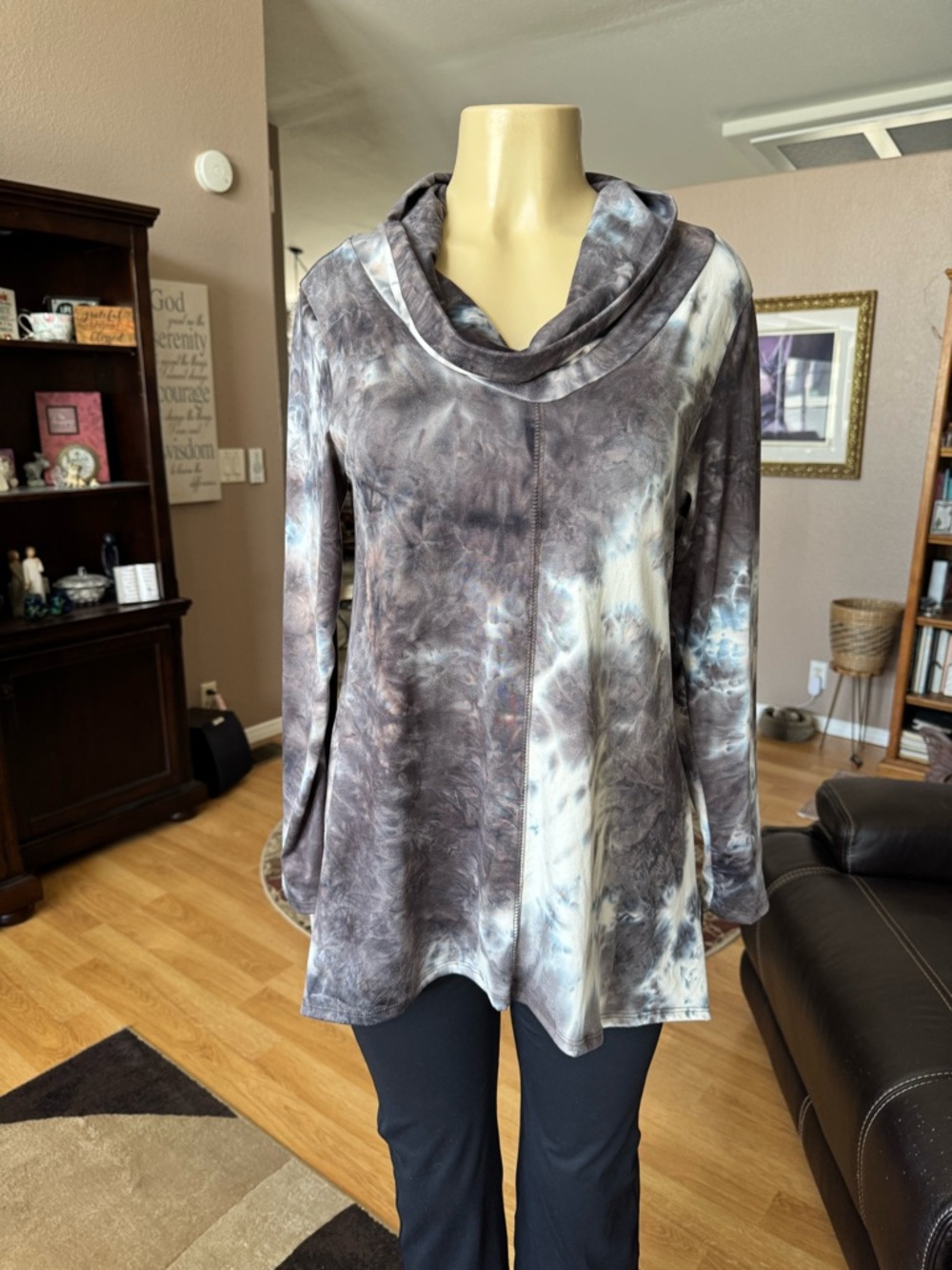 Forgotten Grace gray, brown, cream & blue cowl neck top-size S/M-NWT